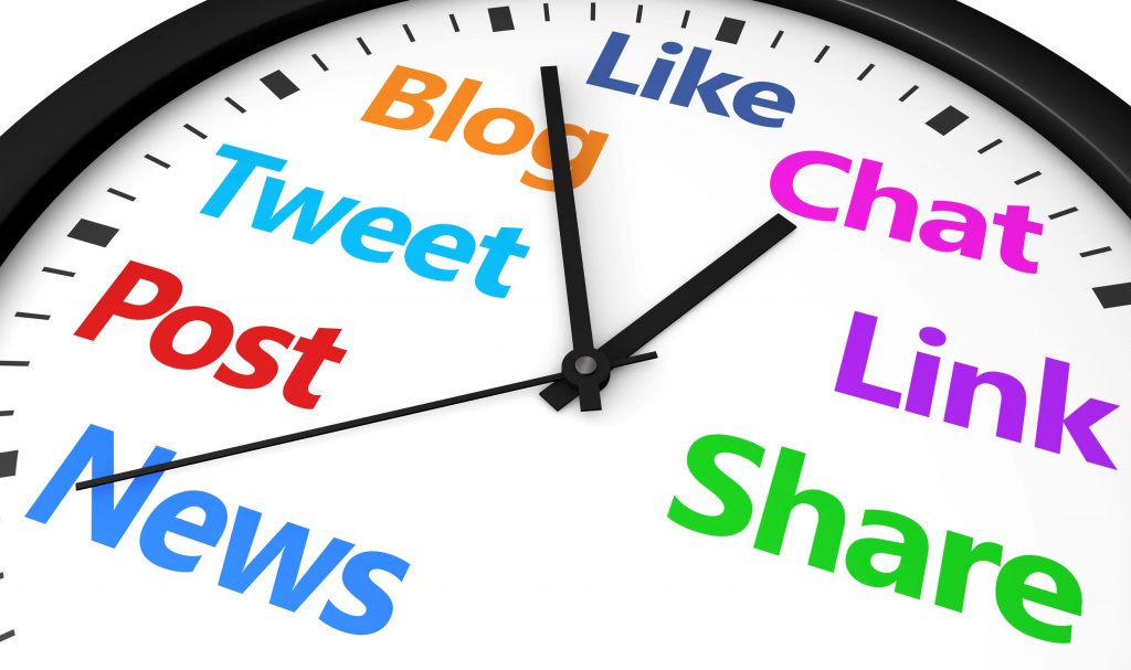 editorial calendar concept - clock with social media
