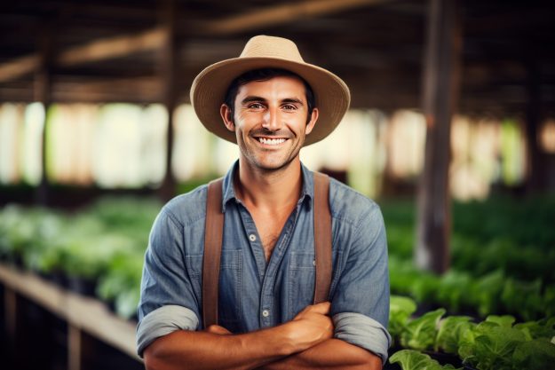 A happy farmer man working inside agricultural greenhouse