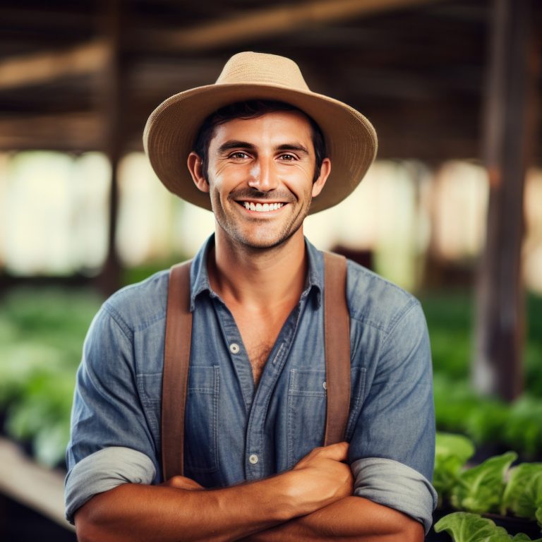 A happy farmer man working inside agricultural greenhouse