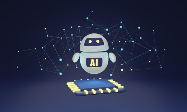 AI cyberspace smart bot with processor, 3D illustration concept content marketing services
