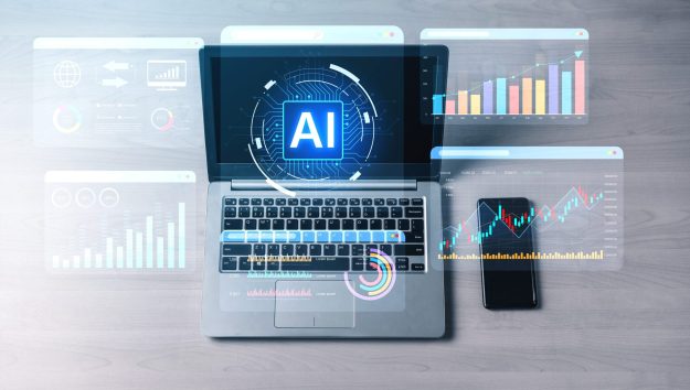 Laptop computer displaying artificial intelligence interface with data graphs, charts, digital analytics, and smartphone on wooden desktop workspace