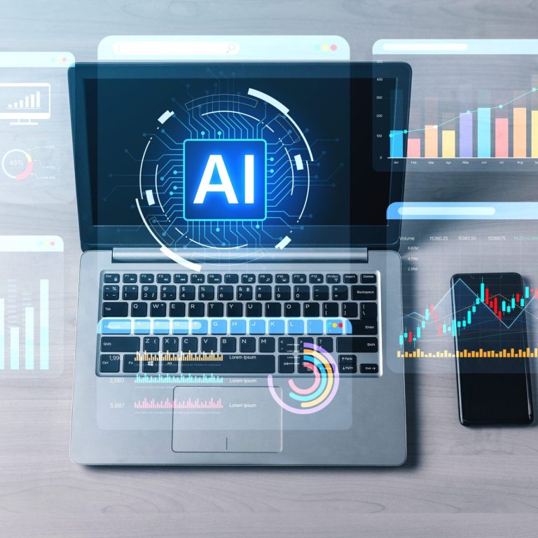 Laptop computer displaying artificial intelligence interface with data graphs, charts, digital analytics, and smartphone on wooden desktop workspace