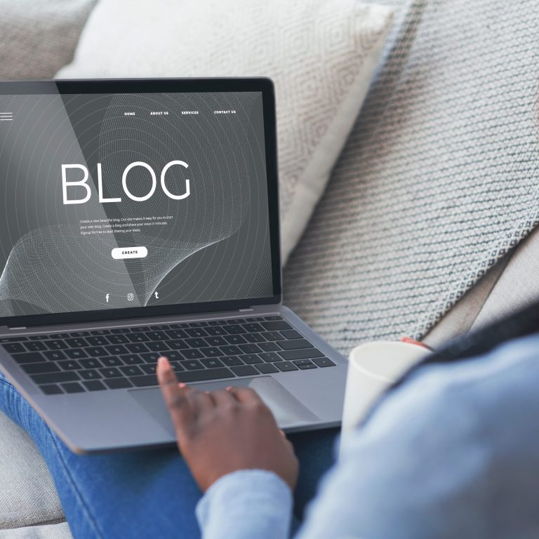 African American blogger posting online via laptop on sofa at home, collage