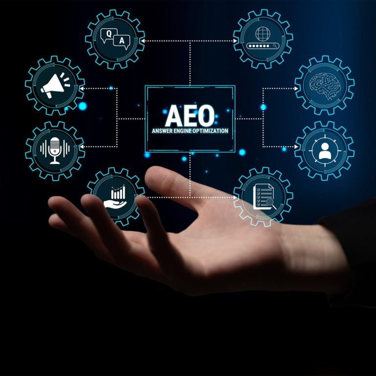 AEO Concept of Digital Transformation with Gears and Icons Representing Technology, Innovation, and Data Analytics